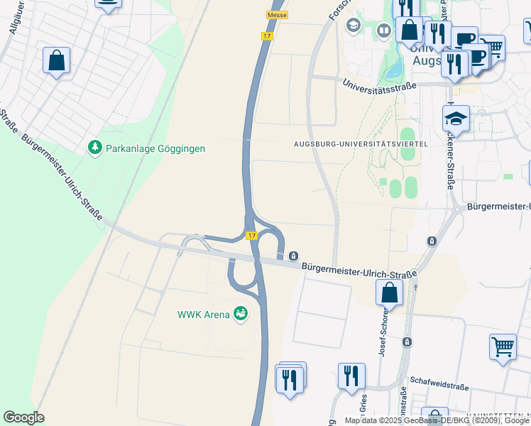 map of restaurants, bars, coffee shops, grocery stores, and more near 4 Karl-Drais-Straße in Augsburg