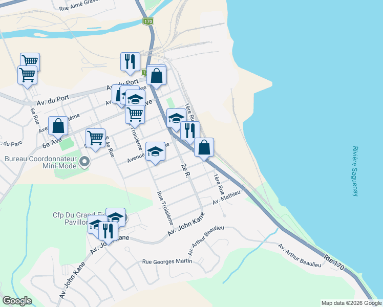map of restaurants, bars, coffee shops, grocery stores, and more near 1113 2e Avenue in Saguenay