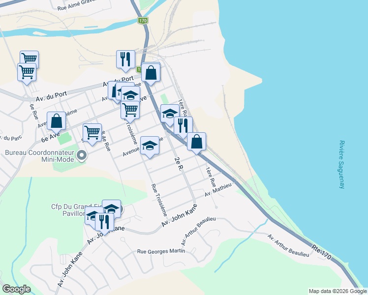 map of restaurants, bars, coffee shops, grocery stores, and more near 1113 2e Avenue in Saguenay