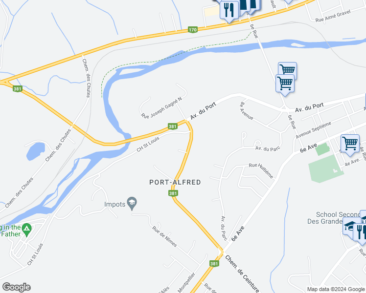 map of restaurants, bars, coffee shops, grocery stores, and more near 252 Rue Joseph-Gagné Sud in Saguenay