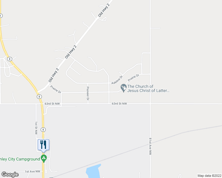 map of restaurants, bars, coffee shops, grocery stores, and more near 301 Prairie Drive in Stanley