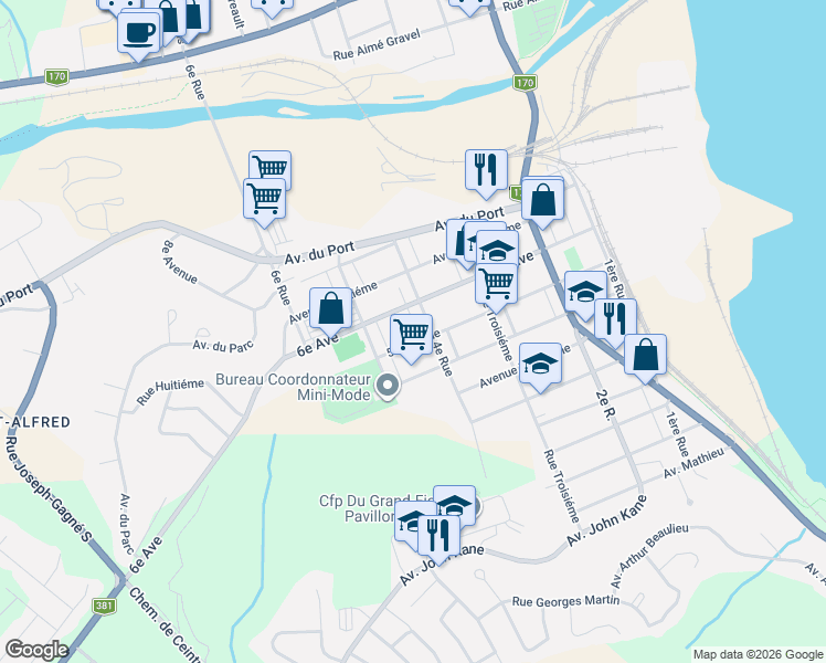 map of restaurants, bars, coffee shops, grocery stores, and more near 1644 5e Avenue in Saguenay