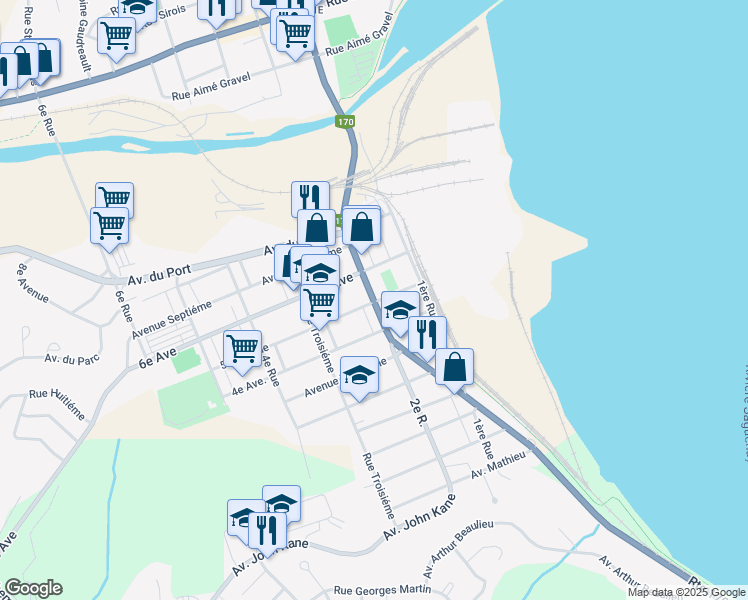 map of restaurants, bars, coffee shops, grocery stores, and more near 602 2 Rue in Saguenay
