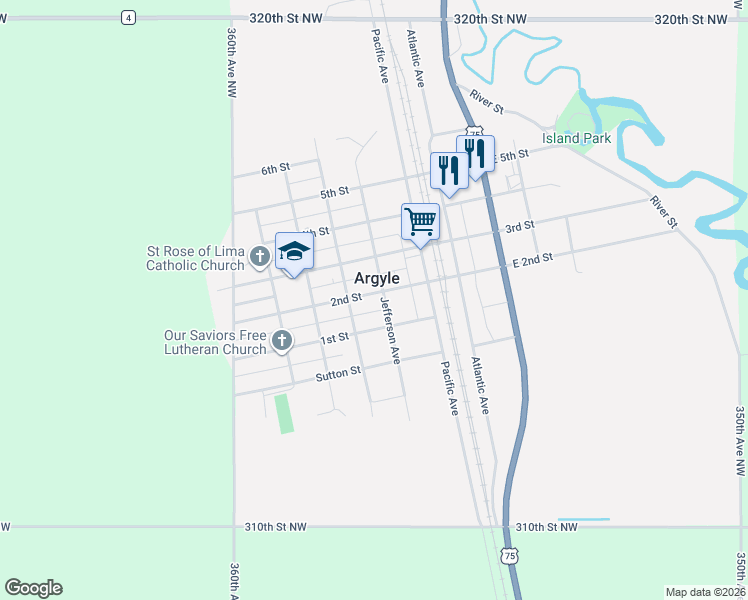 map of restaurants, bars, coffee shops, grocery stores, and more near 205 1st Street in Argyle
