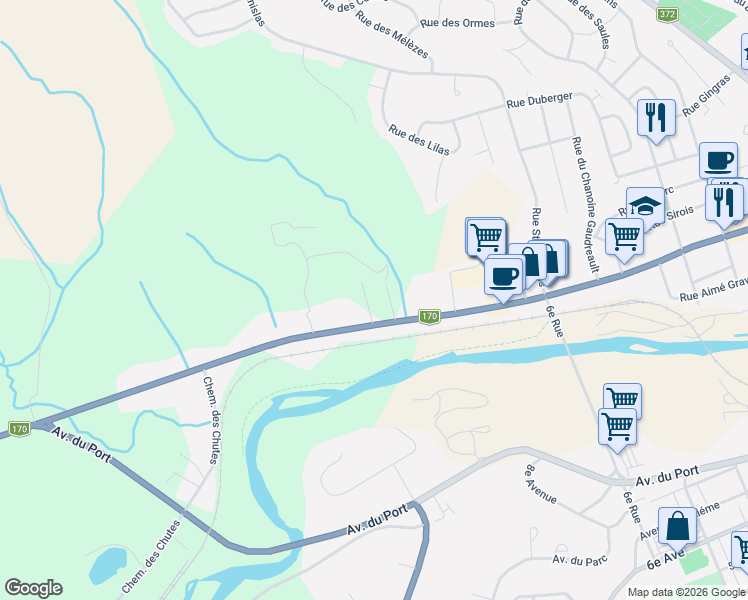 map of restaurants, bars, coffee shops, grocery stores, and more near 2580 Rue Bagot in Saguenay