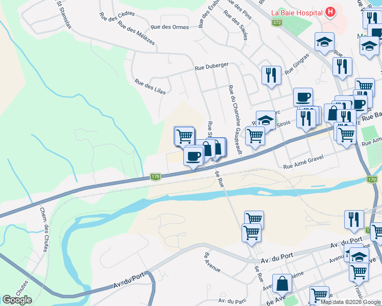 map of restaurants, bars, coffee shops, grocery stores, and more near 2100 Rue Bagot in Saguenay