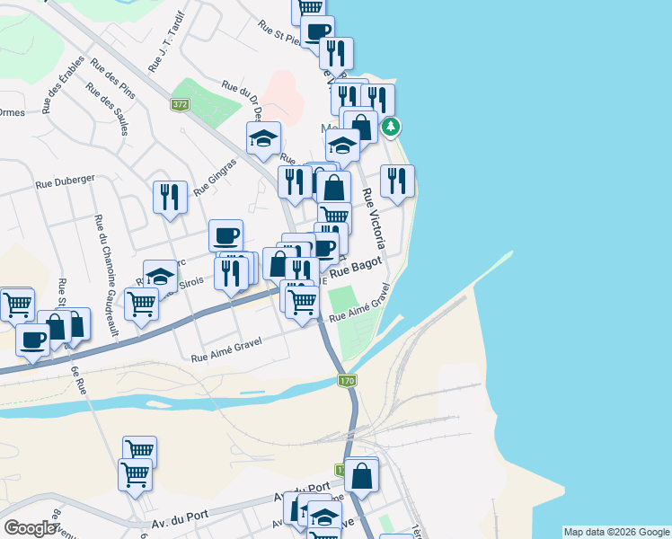 map of restaurants, bars, coffee shops, grocery stores, and more near 962 Rue Bagot in Saguenay