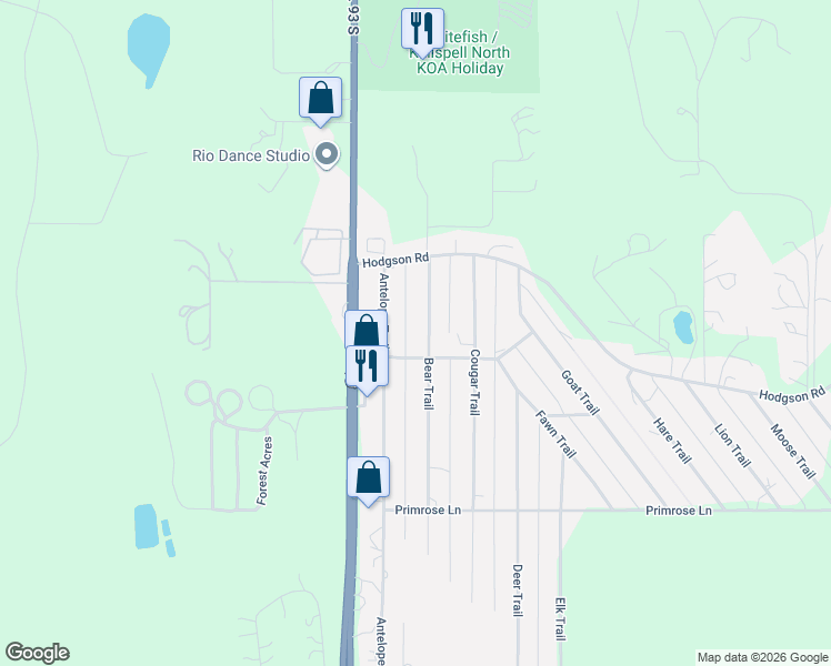 map of restaurants, bars, coffee shops, grocery stores, and more near 124 Bear Trail in Whitefish