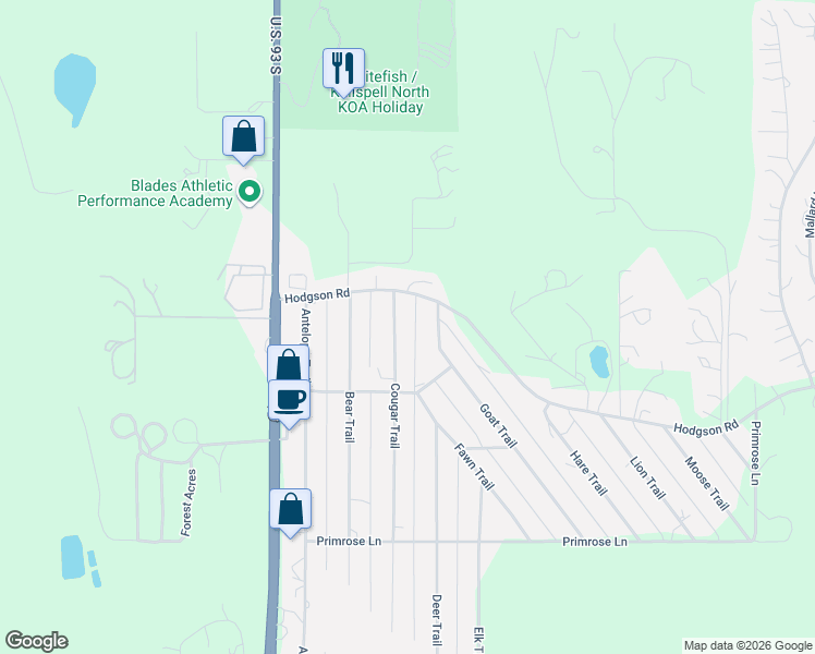 map of restaurants, bars, coffee shops, grocery stores, and more near 110 Goat Trail in Whitefish
