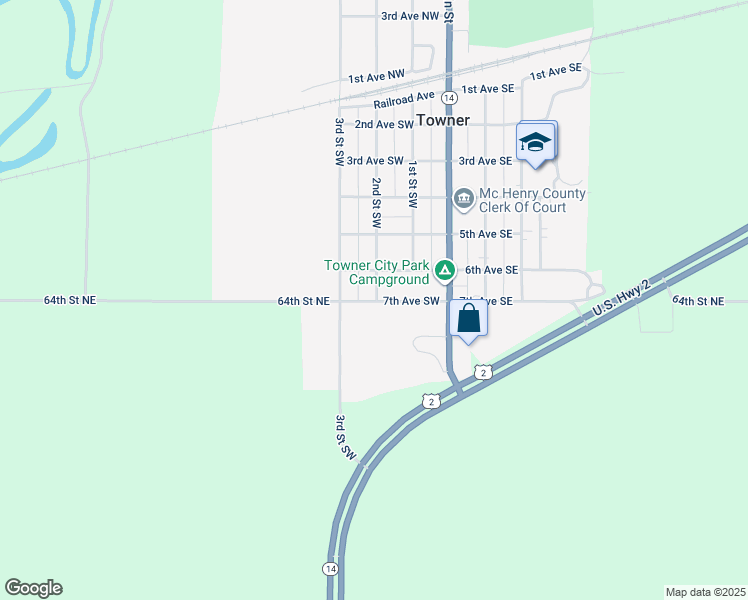 map of restaurants, bars, coffee shops, grocery stores, and more near 566 Po Box in Towner