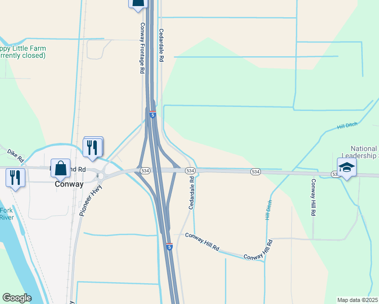 map of restaurants, bars, coffee shops, grocery stores, and more near 19193 Highway 534 in Mount Vernon