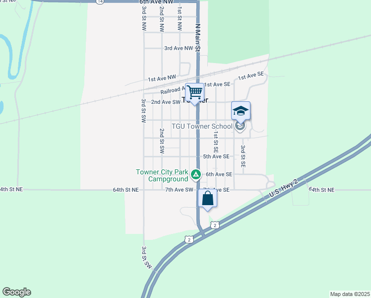 map of restaurants, bars, coffee shops, grocery stores, and more near in Towner