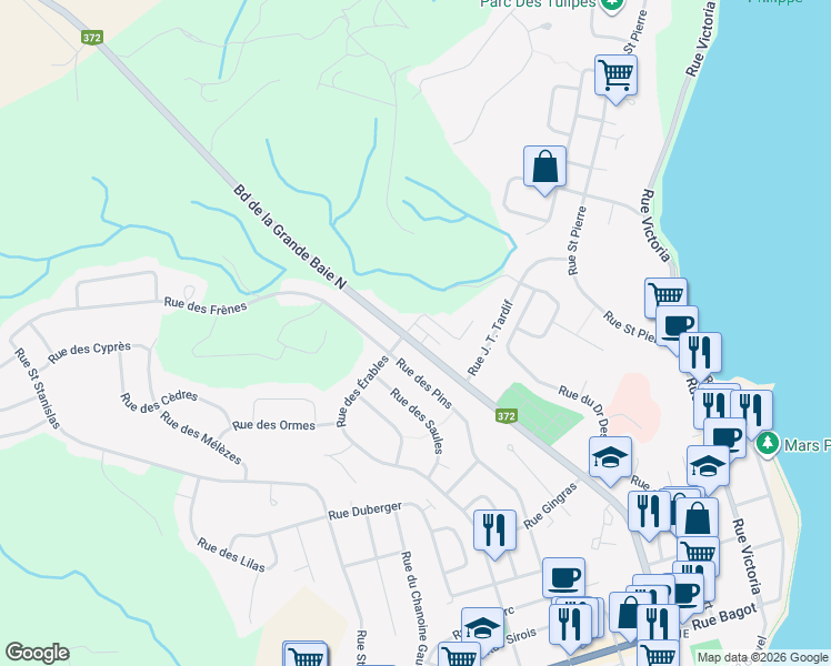 map of restaurants, bars, coffee shops, grocery stores, and more near 1380 Boulevard de la Grande Baie Nord in Saguenay