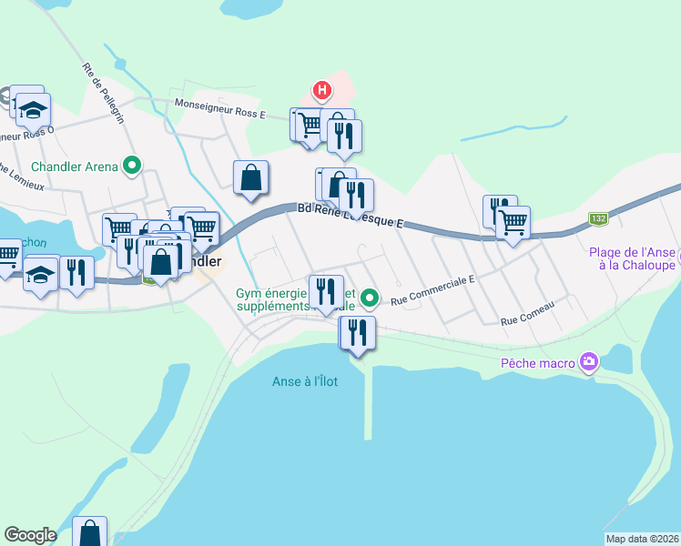map of restaurants, bars, coffee shops, grocery stores, and more near 136 Rue des Cèdres in Chandler