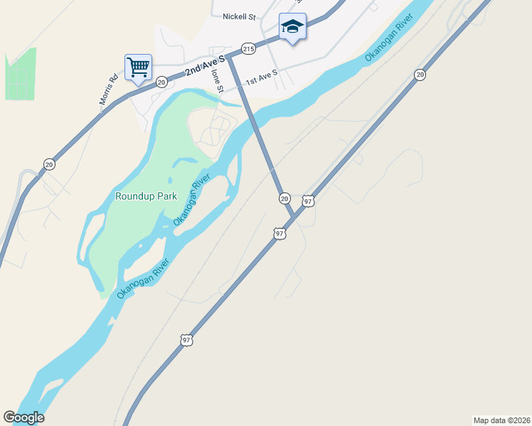 map of restaurants, bars, coffee shops, grocery stores, and more near 99 Crowder Road in Okanogan
