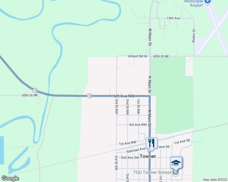 map of restaurants, bars, coffee shops, grocery stores, and more near 603 3rd Street Northwest in Towner