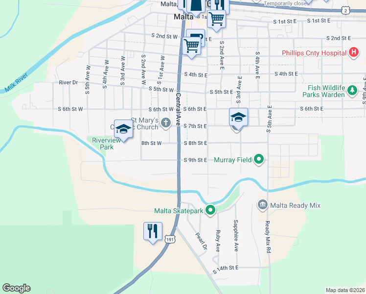 map of restaurants, bars, coffee shops, grocery stores, and more near 6 South 8th Street East in Malta