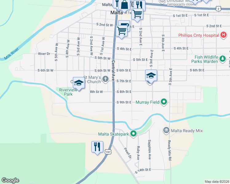 map of restaurants, bars, coffee shops, grocery stores, and more near 6 South 8th Street East in Malta