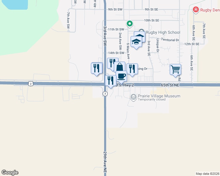 map of restaurants, bars, coffee shops, grocery stores, and more near 272 U.S. 2 in Rugby
