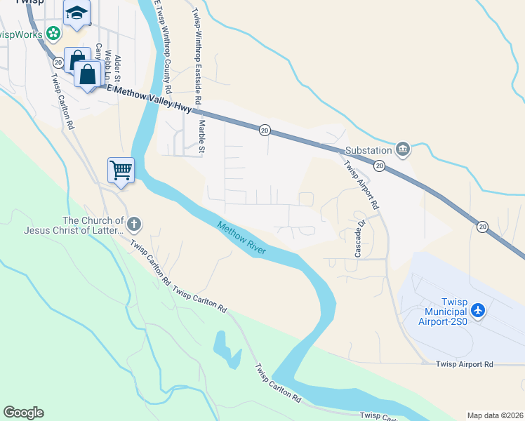 map of restaurants, bars, coffee shops, grocery stores, and more near 1226 Riverside Avenue in Twisp