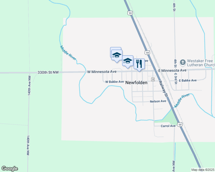 map of restaurants, bars, coffee shops, grocery stores, and more near 418 West Bakke Avenue in Newfolden