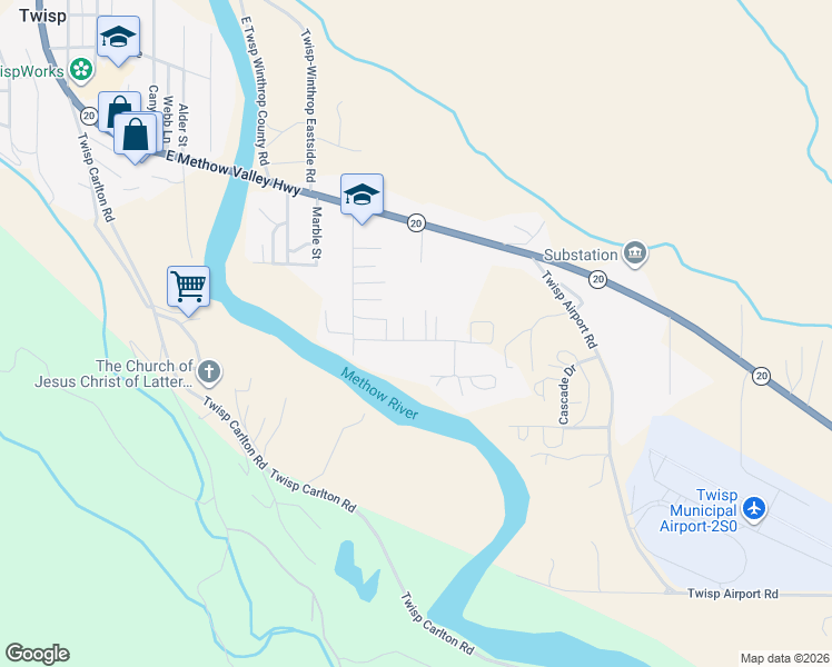 map of restaurants, bars, coffee shops, grocery stores, and more near 1226 Riverside Avenue in Twisp