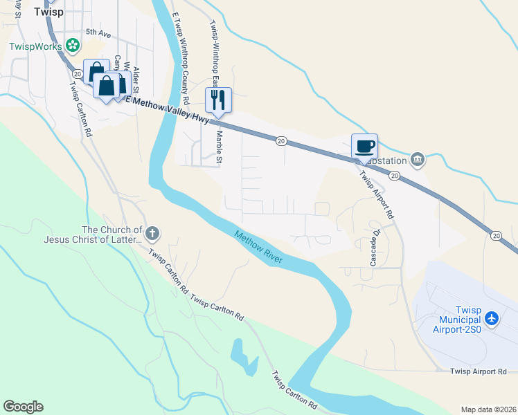 map of restaurants, bars, coffee shops, grocery stores, and more near 1110 Riverside Avenue in Twisp