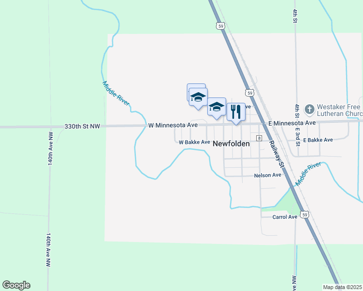 map of restaurants, bars, coffee shops, grocery stores, and more near 418 West Bakke Avenue in Newfolden