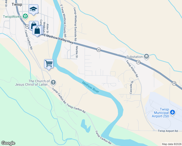 map of restaurants, bars, coffee shops, grocery stores, and more near 1110 Riverside Avenue in Twisp