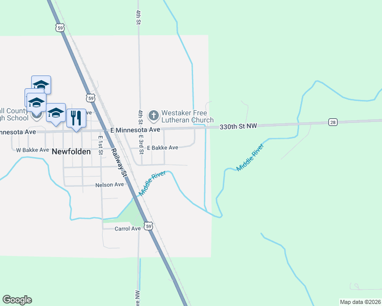 map of restaurants, bars, coffee shops, grocery stores, and more near 527 East Melgaard Avenue in Newfolden