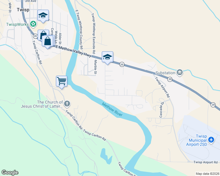 map of restaurants, bars, coffee shops, grocery stores, and more near 1110 Riverside Avenue in Twisp