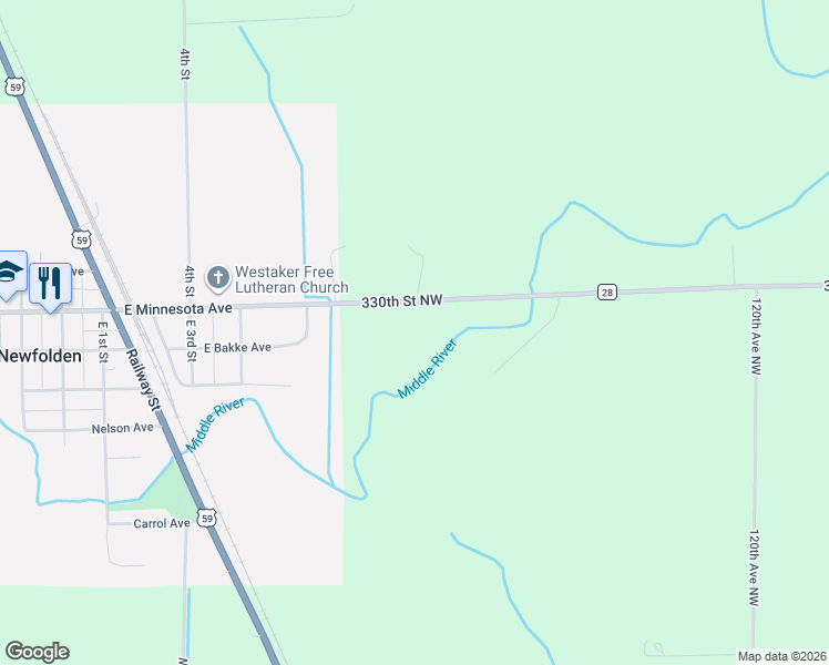map of restaurants, bars, coffee shops, grocery stores, and more near 12615 330th Street Northwest in Newfolden
