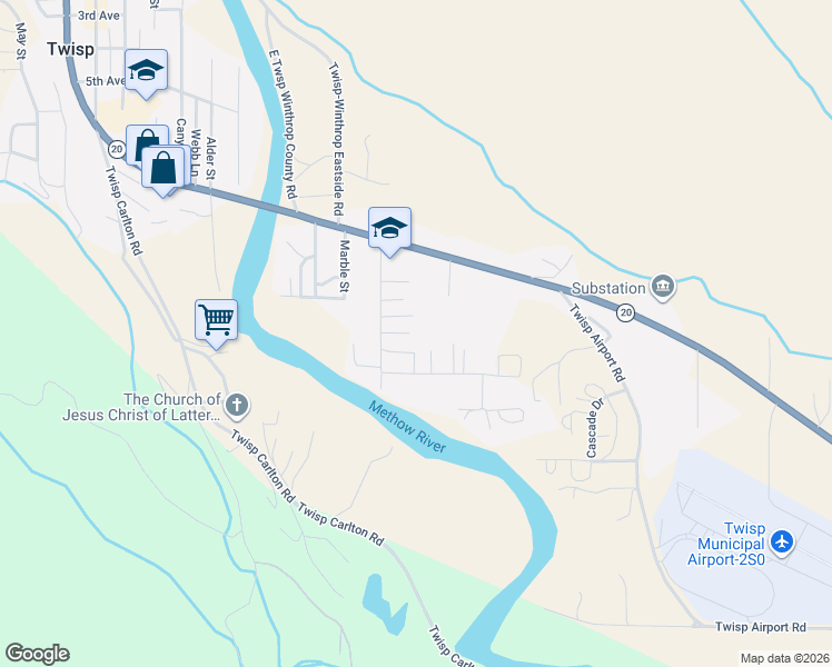 map of restaurants, bars, coffee shops, grocery stores, and more near 1110 Riverside Avenue in Twisp