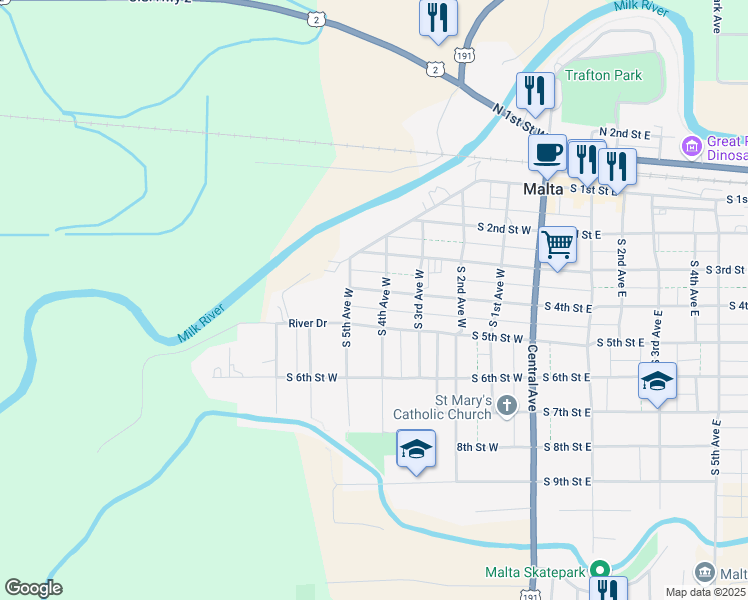 map of restaurants, bars, coffee shops, grocery stores, and more near 400-440 S 4th St W in Malta