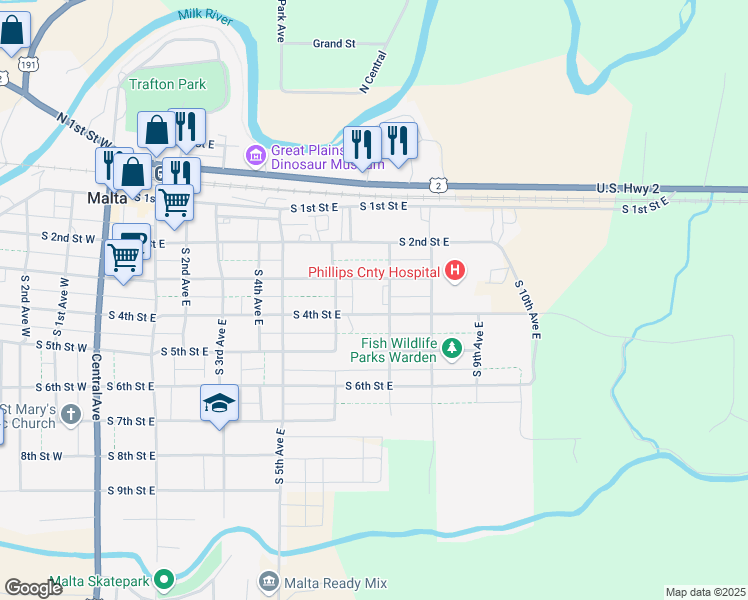 map of restaurants, bars, coffee shops, grocery stores, and more near 611 South 4th Street East in Malta