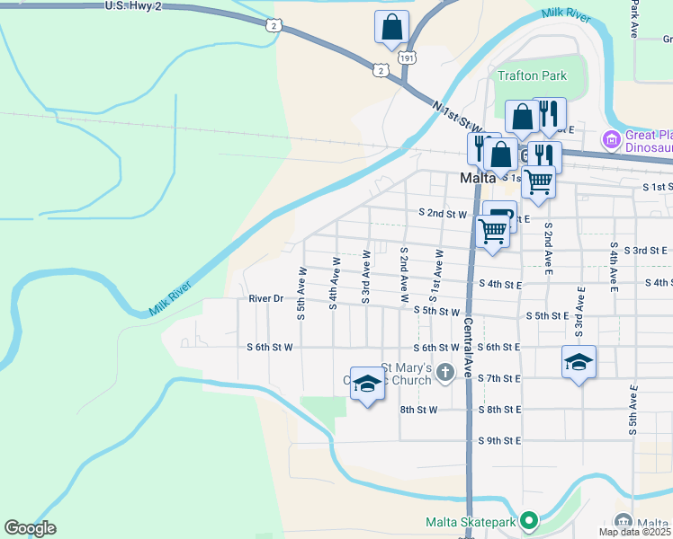 map of restaurants, bars, coffee shops, grocery stores, and more near 400 South 4th Street West in Malta