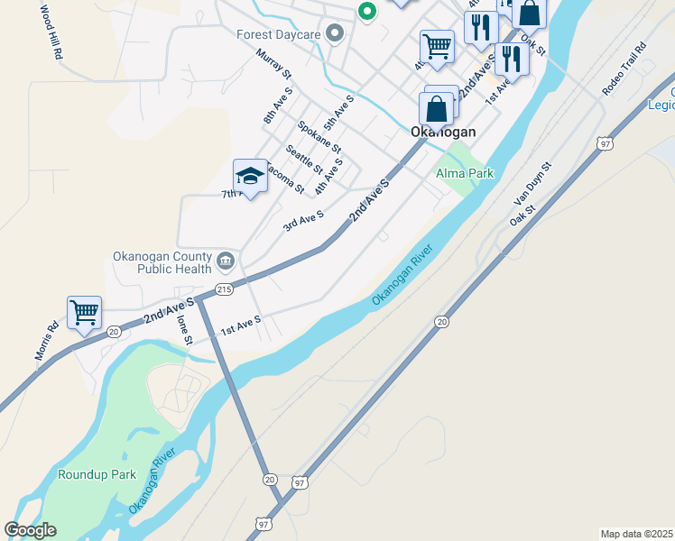 map of restaurants, bars, coffee shops, grocery stores, and more near 982 1st Avenue South in Okanogan