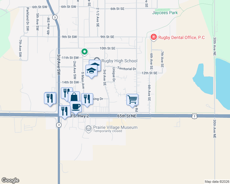 map of restaurants, bars, coffee shops, grocery stores, and more near 1208 Unique Drive in Rugby