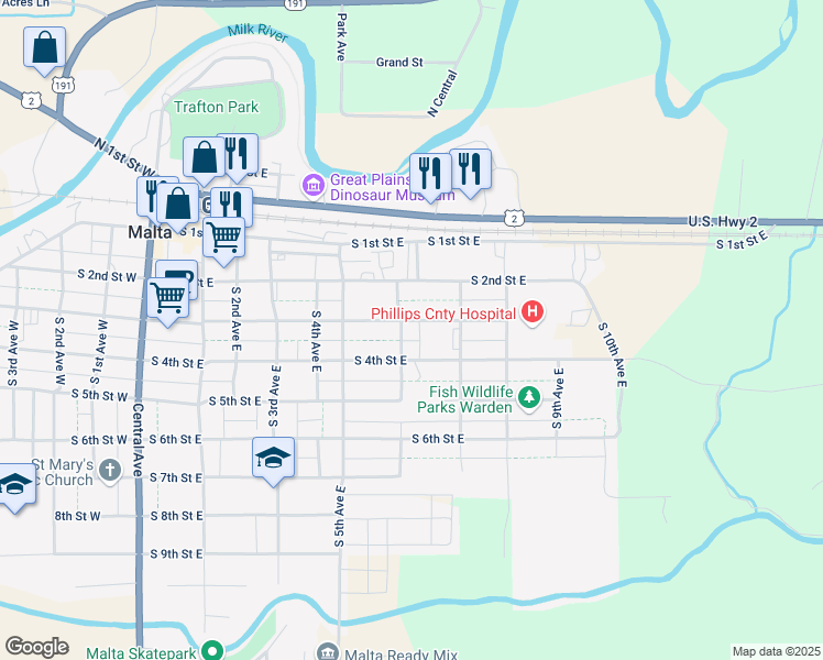 map of restaurants, bars, coffee shops, grocery stores, and more near 611 S 4th Street East in Malta