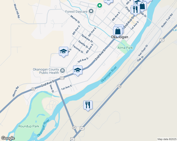 map of restaurants, bars, coffee shops, grocery stores, and more near 982 1st Avenue South in Okanogan