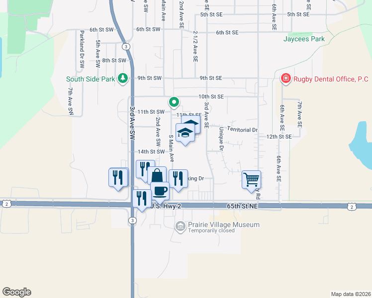 map of restaurants, bars, coffee shops, grocery stores, and more near 1123 South Main Avenue in Rugby