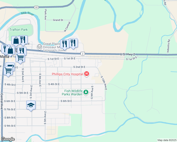 map of restaurants, bars, coffee shops, grocery stores, and more near 708 S 2nd Street East in Malta