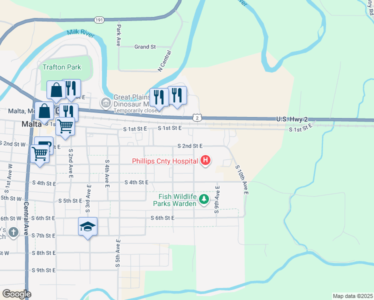 map of restaurants, bars, coffee shops, grocery stores, and more near 708 South 2nd Street East in Malta