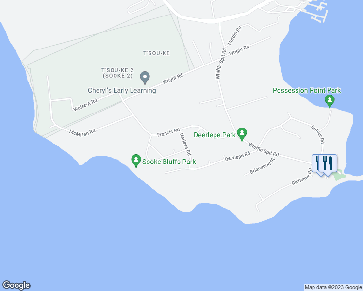 map of restaurants, bars, coffee shops, grocery stores, and more near 1665 Narissa Road in Sooke