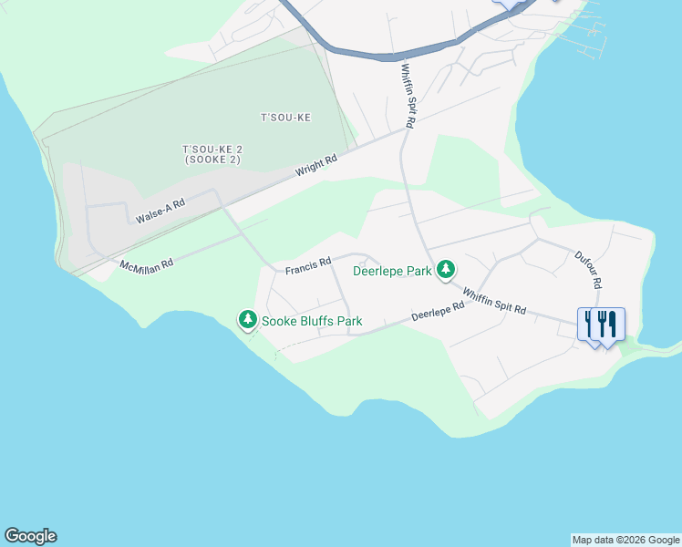 map of restaurants, bars, coffee shops, grocery stores, and more near 1665 Narissa Road in Sooke