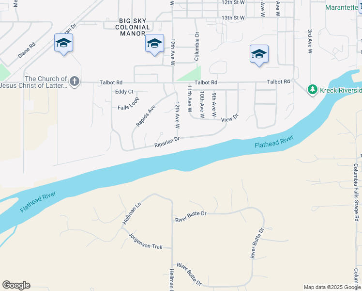 map of restaurants, bars, coffee shops, grocery stores, and more near 1150 Riparian Drive in Columbia Falls