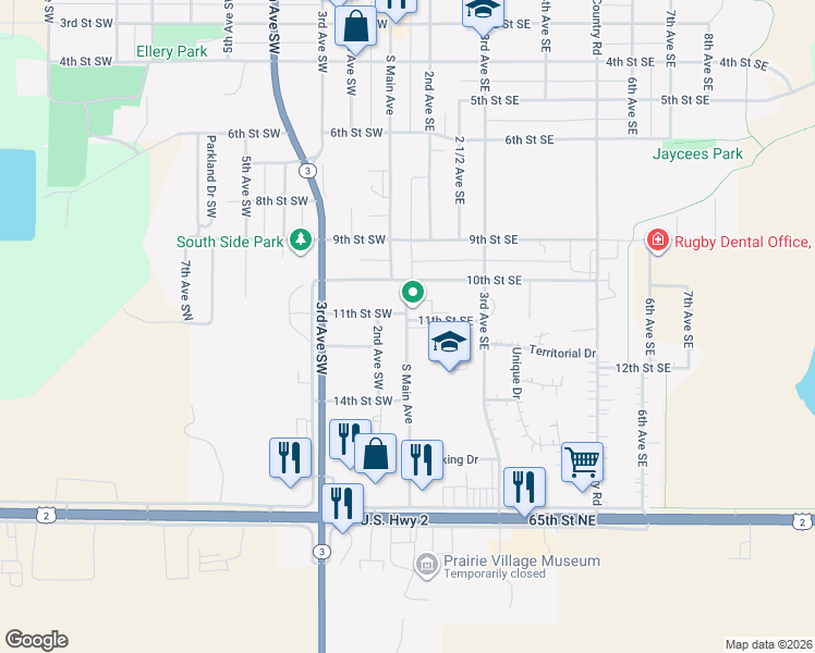 map of restaurants, bars, coffee shops, grocery stores, and more near 1123 South Main Avenue in Rugby