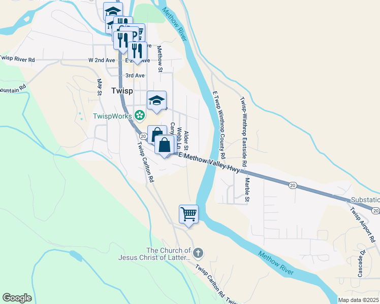 map of restaurants, bars, coffee shops, grocery stores, and more near 626 Alder Street in Twisp