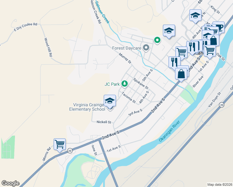 map of restaurants, bars, coffee shops, grocery stores, and more near 545 Tacoma Street in Okanogan