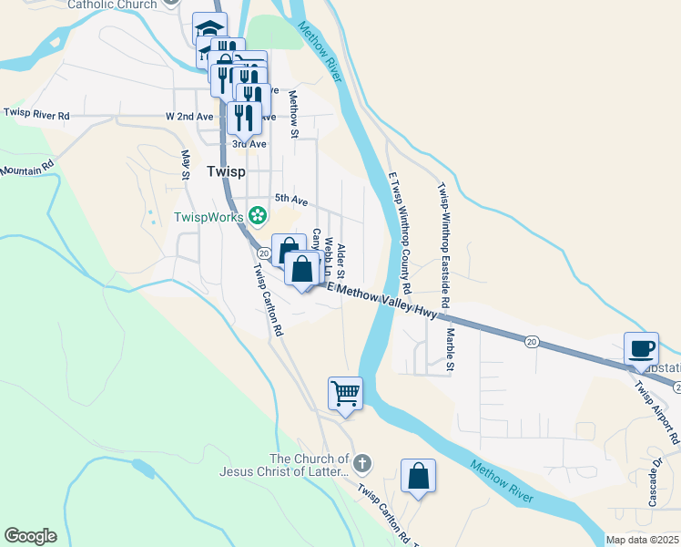 map of restaurants, bars, coffee shops, grocery stores, and more near 626 Alder Street in Twisp